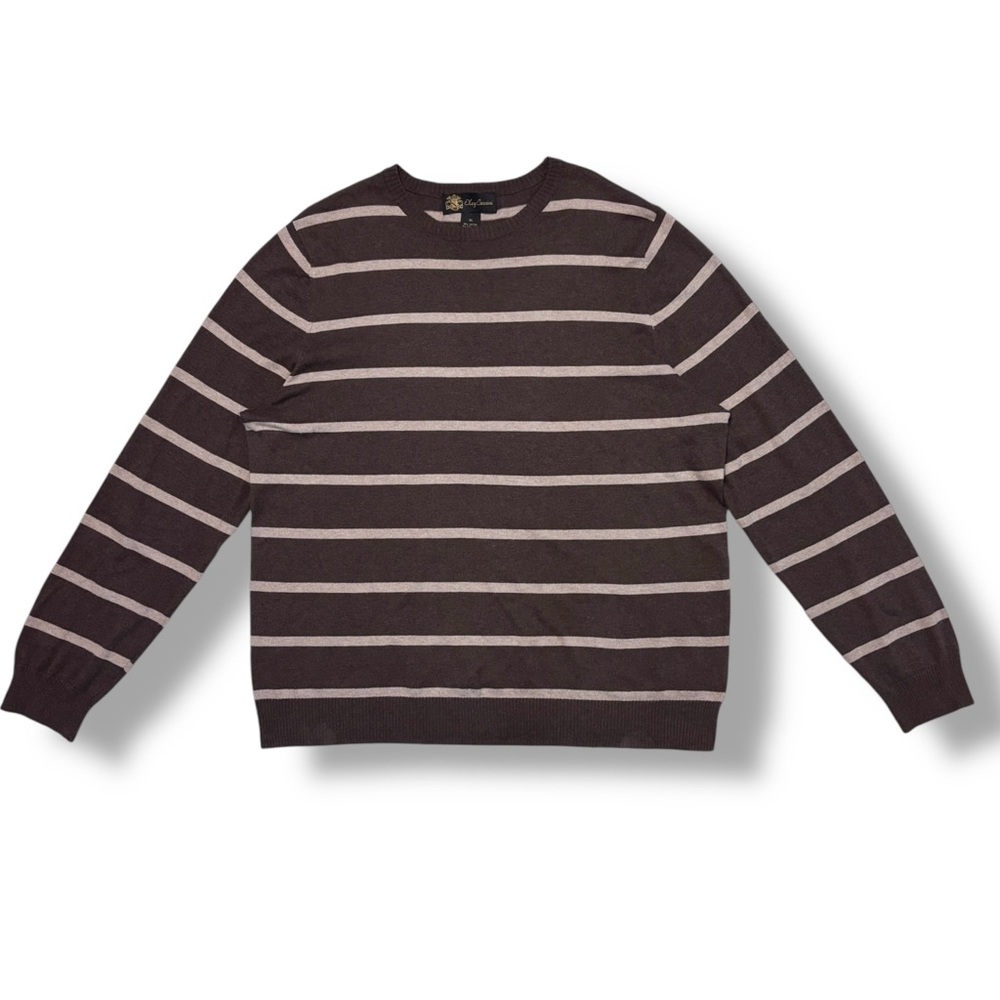 OLEG CASSINI Brown & Tan Stripe Cotton Cashmere Crew Neck Sweater